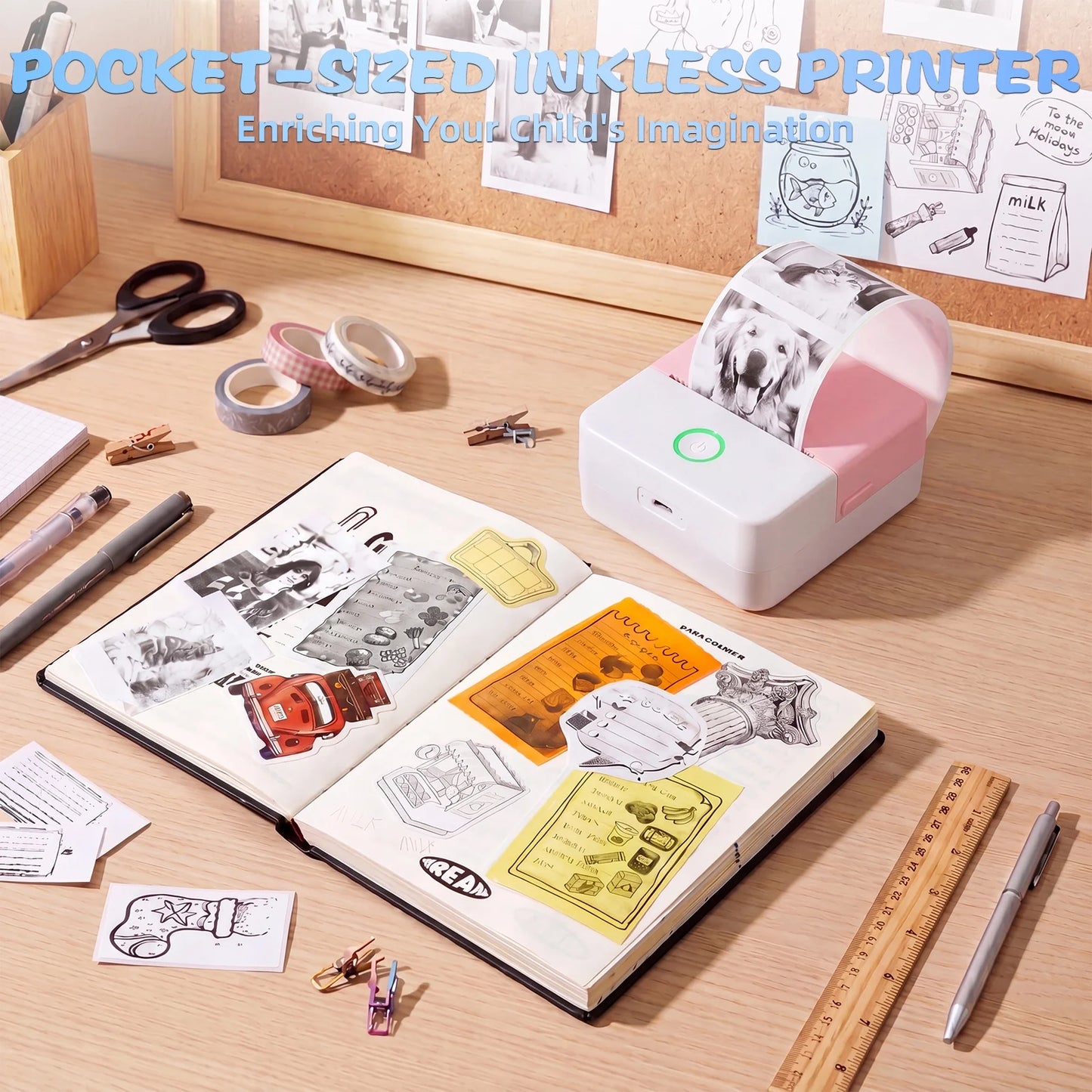 SLOK Thermal Mini Printer, Portable Inkless Bluetooth Sticker Maker with 10 Rolls Paper, Pink